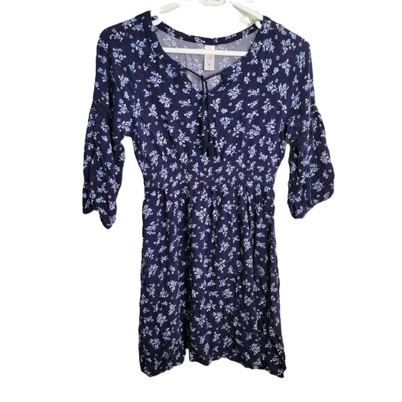 Justice Floral Tassel Neck Dress Fluted 3/4 Sleeve Navy Blue White 12 - Picture 2 of 15